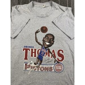 Vintage Detroit Pistons Shirt Men's Large Gray Isiah Thomas Salem Caricature 80s